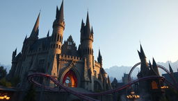 A highly realistic amusement park featuring a grand castle inspired by Hogwarts, with tall, iconic spires and detailed stonework, standing as the central attraction