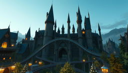 A highly realistic amusement park featuring a grand castle inspired by Hogwarts, with tall, iconic spires and detailed stonework, standing as the central attraction