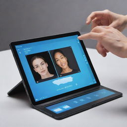 A futuristic, portable tablet featuring a built-in hand scanner and three pop-up monitors displaying high resolution content.