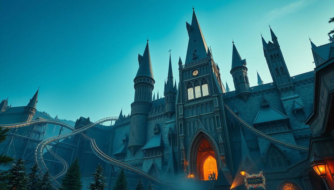 A highly realistic amusement park featuring a grand castle inspired by Hogwarts, with tall, iconic spires and detailed stonework, standing as the central attraction