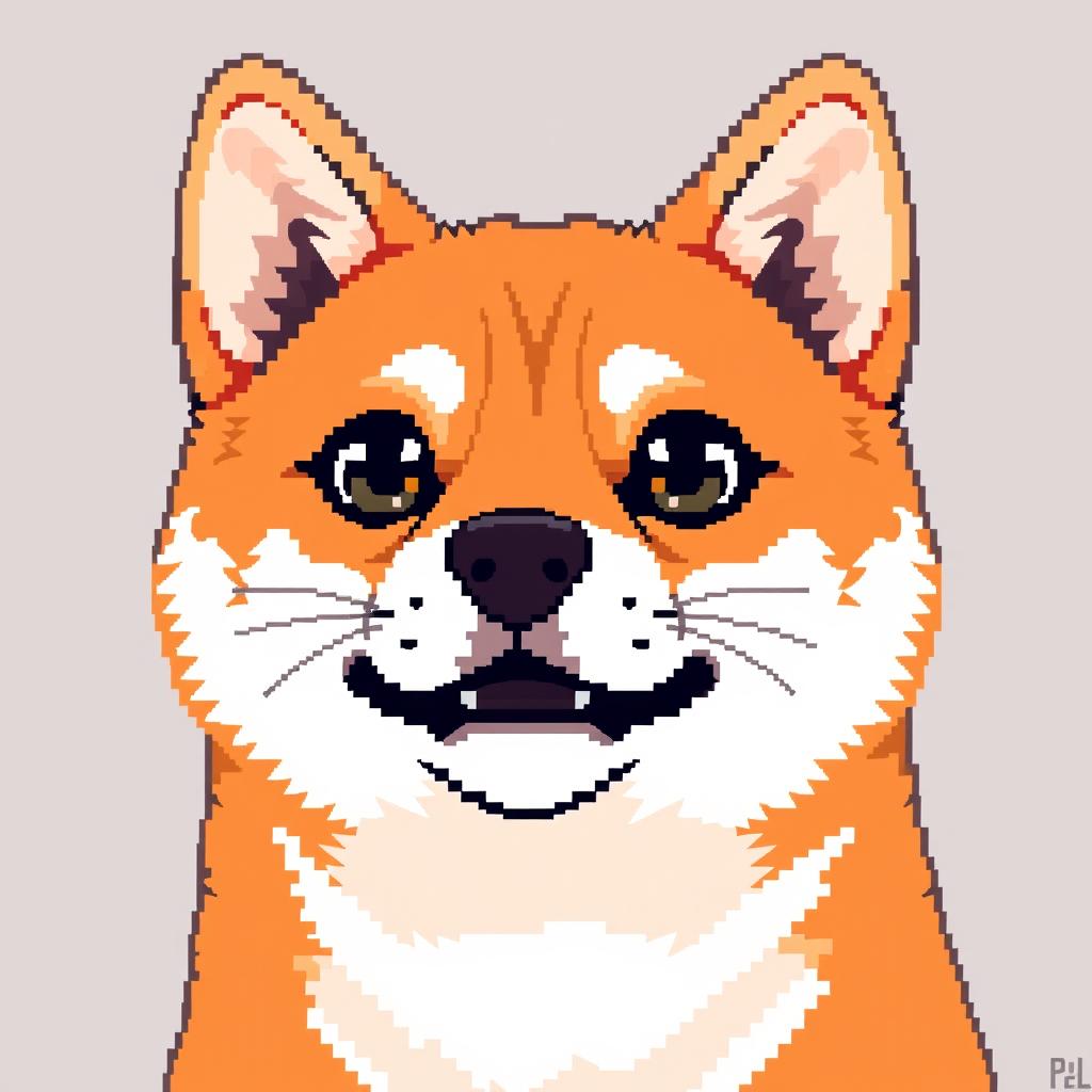 A Shiba Inu with a lively expression and both eyes open, depicted in pixel art style