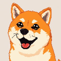 A Shiba Inu with a lively expression and both eyes open, depicted in pixel art style