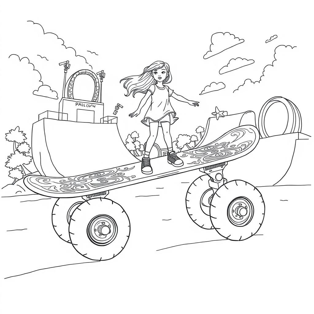 A surreal coloring page featuring a girl energetically skating on a giant skateboard, significantly larger than herself