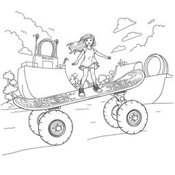 A surreal coloring page featuring a girl energetically skating on a giant skateboard, significantly larger than herself