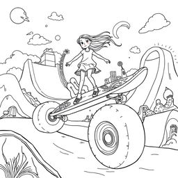 A surreal coloring page featuring a girl energetically skating on a giant skateboard, significantly larger than herself