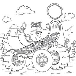 A surreal coloring page featuring a girl energetically skating on a giant skateboard, significantly larger than herself