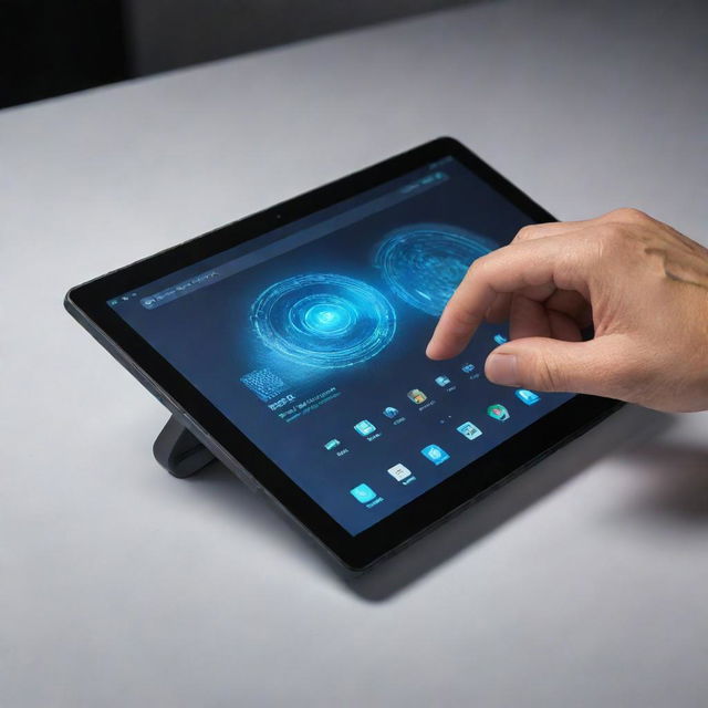 A futuristic, portable tablet featuring a built-in hand scanner and three pop-up monitors displaying high resolution content.