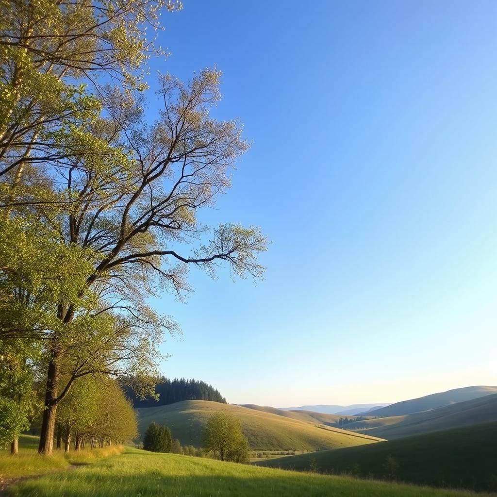 a serene and peaceful nature scene with rolling hills and a bright blue sky, a gentle breeze flowing through the trees, evoking a sense of tranquility and calmness in the viewer