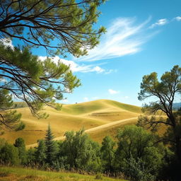 a serene and peaceful nature scene with rolling hills and a bright blue sky, a gentle breeze flowing through the trees, evoking a sense of tranquility and calmness in the viewer