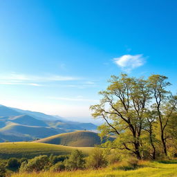 a serene and peaceful nature scene with rolling hills and a bright blue sky, a gentle breeze flowing through the trees, evoking a sense of tranquility and calmness in the viewer