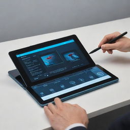 A futuristic, portable tablet featuring a built-in hand scanner and three pop-up monitors displaying high resolution content.