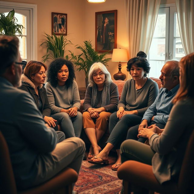 A captivating scene depicting a group of codependent individuals engaging in a support group meeting, sitting in a circle in a cozy room