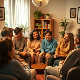 A captivating scene depicting a group of codependent individuals engaging in a support group meeting, sitting in a circle in a cozy room