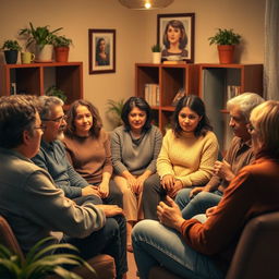 A captivating scene depicting a group of codependent individuals engaging in a support group meeting, sitting in a circle in a cozy room