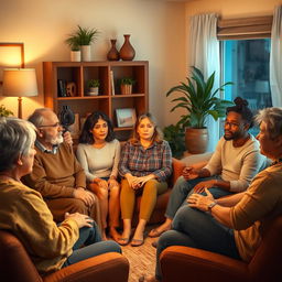 A captivating scene depicting a group of codependent individuals engaging in a support group meeting, sitting in a circle in a cozy room