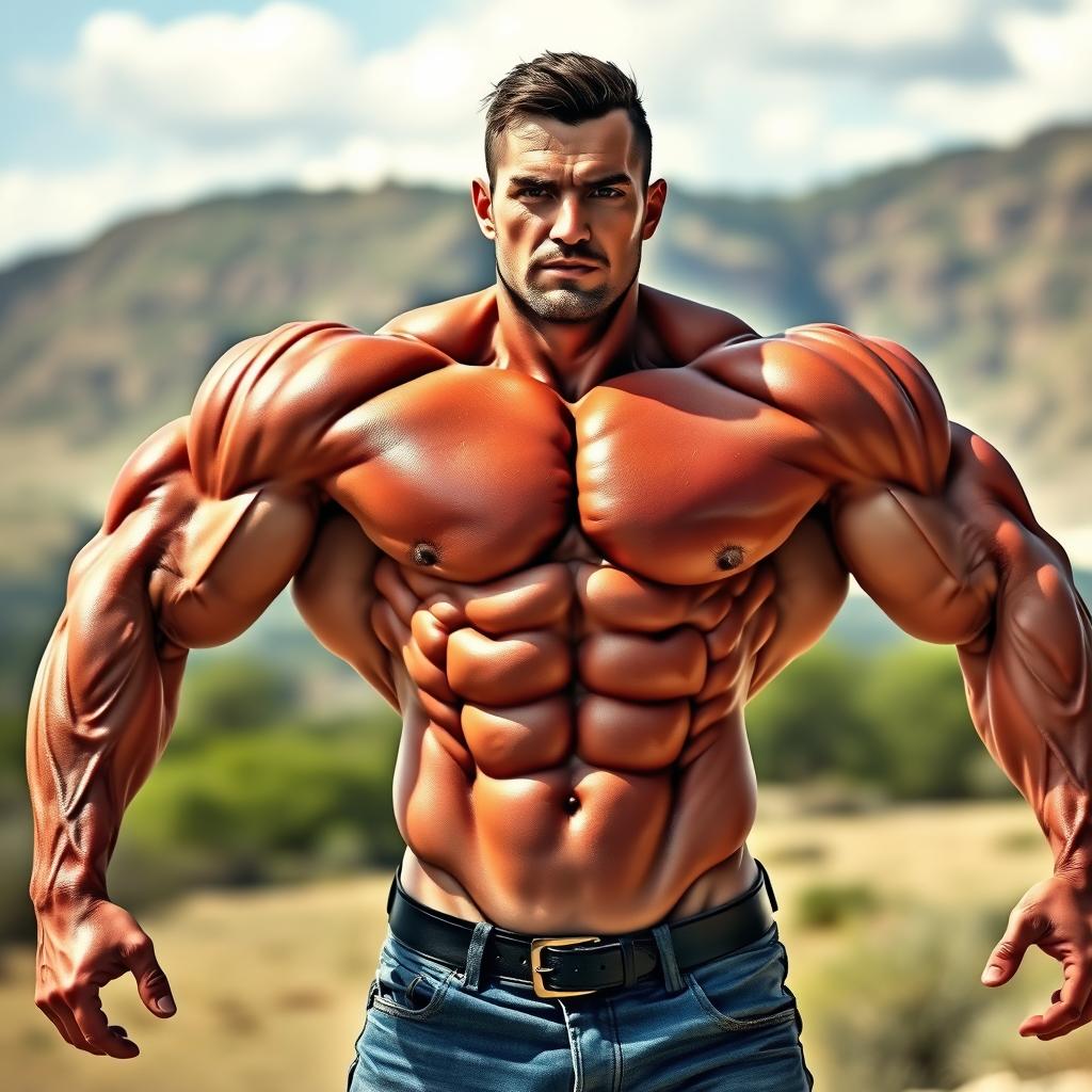 a muscular man with exaggeratedly large chest muscles, shirtless, posing confidently in a scenic outdoor setting, detailed anatomy, vibrant colors, emphasizing strength and pride in physique