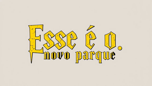 Text design with the words 'Esse é o' on the first line and 'novo parque' on the second line, styled in a font inspired by the iconic Harry Potter movie titles, featuring bold, sharp, angular lines