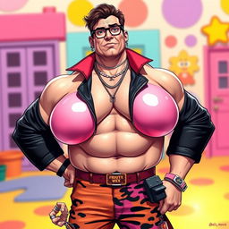 A man with an exaggerated physique featuring large, feminine breasts