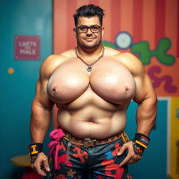 A man with an exaggerated physique featuring large, feminine breasts