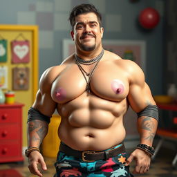 A man with an exaggerated physique featuring large, feminine breasts