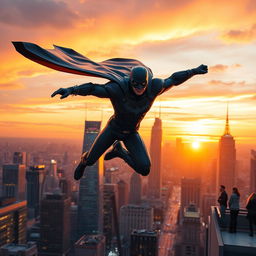 A dynamic and exhilarating scene from a superhero movie, featuring a powerful and iconic superhero wearing a sleek and futuristic costume, soaring through the bustling cityscape at sunset