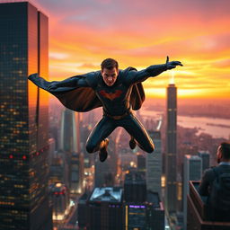 A dynamic and exhilarating scene from a superhero movie, featuring a powerful and iconic superhero wearing a sleek and futuristic costume, soaring through the bustling cityscape at sunset