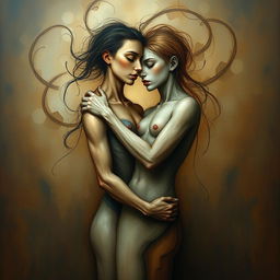 An evocative and moody representation of codependency through abstract art, featuring two intertwined human figures whose forms are intricately connected, yet each figure maintains distinct personality traits