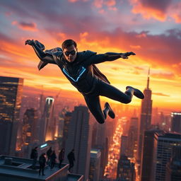 A dynamic and exhilarating scene from a superhero movie, featuring a powerful and iconic superhero wearing a sleek and futuristic costume, soaring through the bustling cityscape at sunset