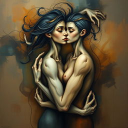 An evocative and moody representation of codependency through abstract art, featuring two intertwined human figures whose forms are intricately connected, yet each figure maintains distinct personality traits