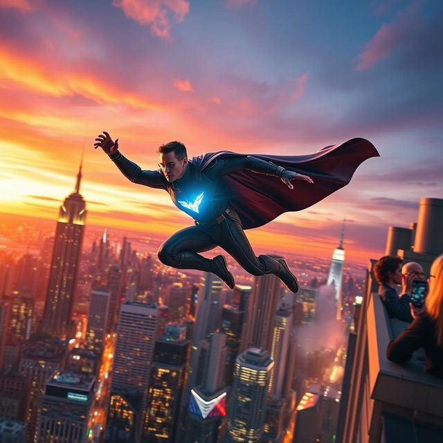 A dynamic and exhilarating scene from a superhero movie, featuring a powerful and iconic superhero wearing a sleek and futuristic costume, soaring through the bustling cityscape at sunset