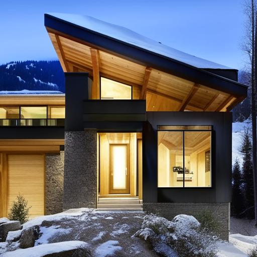 A modern mountain home exterior made from materials like wood and stone, characterized by a dominating glass front. Features a spacious living room with a fireplace, 3 bedrooms, 1.5 bathrooms, and a welcoming wooden deck.