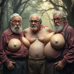 Fantasy transformation scene featuring elderly men with exaggerated, voluptuous female breasts