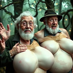 Fantasy transformation scene featuring elderly men with exaggerated, voluptuous female breasts