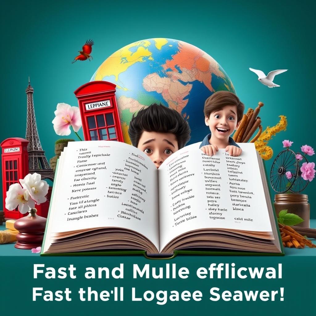 A dynamic and engaging educational video still featuring an open book with multiple languages written on its pages, surrounded by symbols of diverse cultures, such as the Eiffel Tower, a red British telephone box, cherry blossoms, and exotic spices