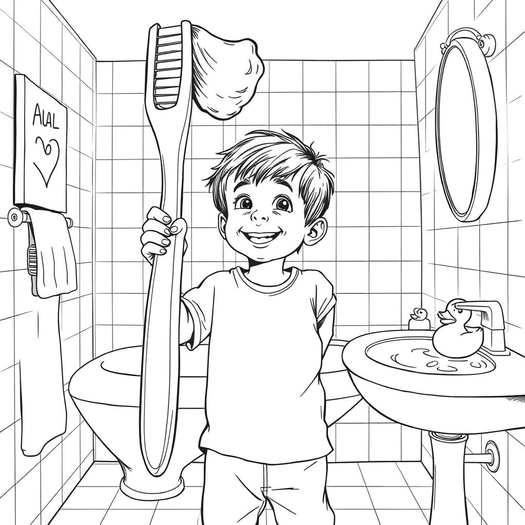 A surreal coloring page depicting a child playfully using an oversized toothbrush, as big as himself, in his bathroom