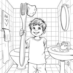 A surreal coloring page depicting a child playfully using an oversized toothbrush, as big as himself, in his bathroom