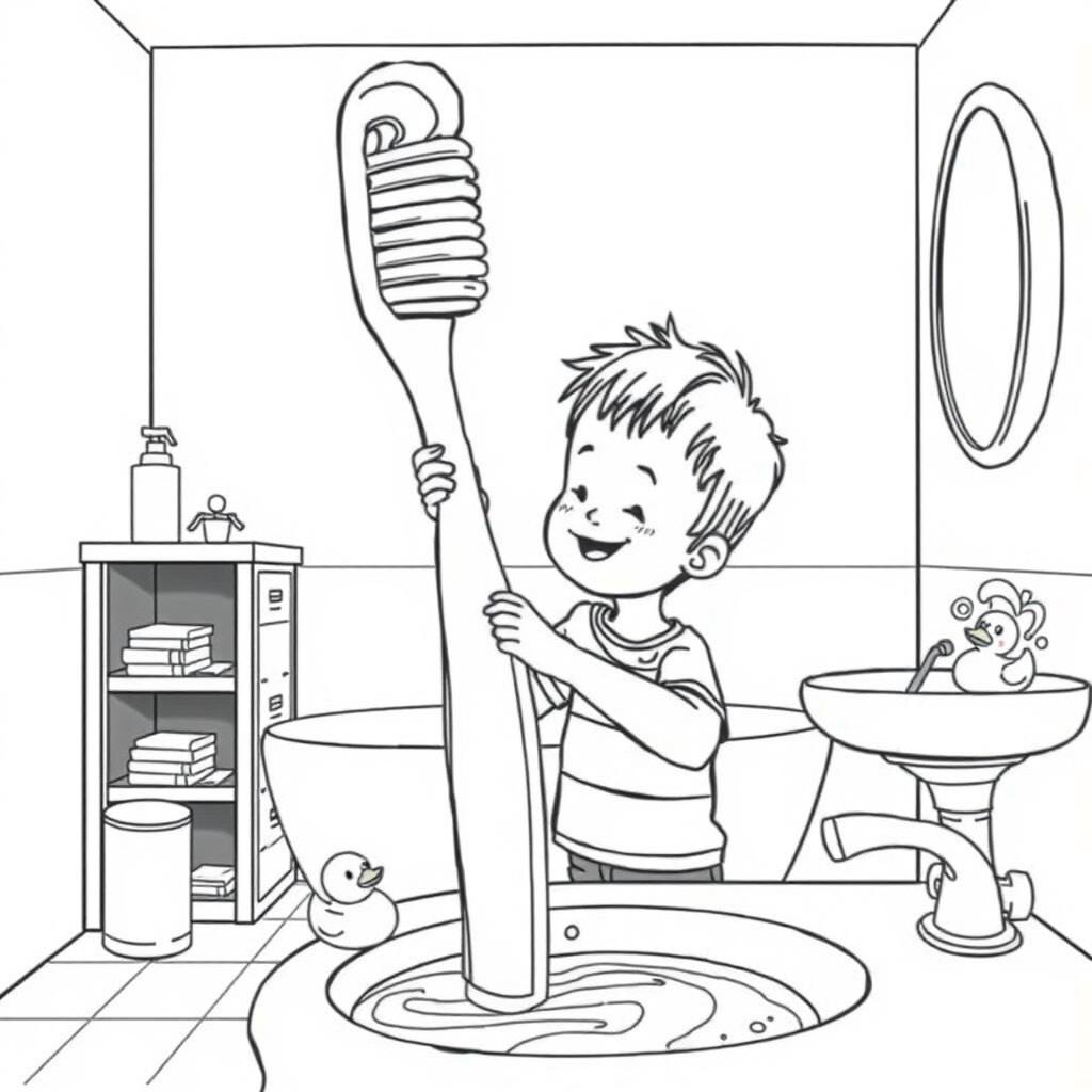 A surreal coloring page depicting a child playfully using an oversized toothbrush, as big as himself, in his bathroom