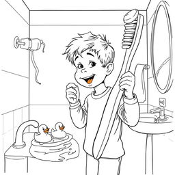 A surreal coloring page depicting a child playfully using an oversized toothbrush, as big as himself, in his bathroom