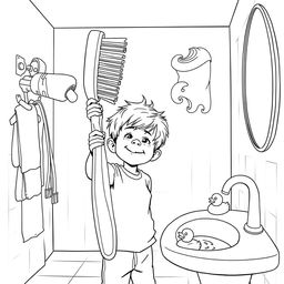 A surreal coloring page depicting a child playfully using an oversized toothbrush, as big as himself, in his bathroom