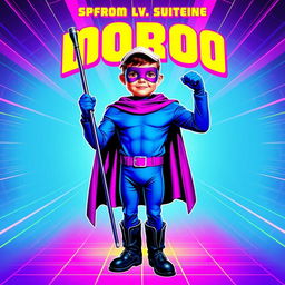 A nostalgic 90s-themed movie poster featuring a superhero man in a blue super suit with a distinctive purple mask