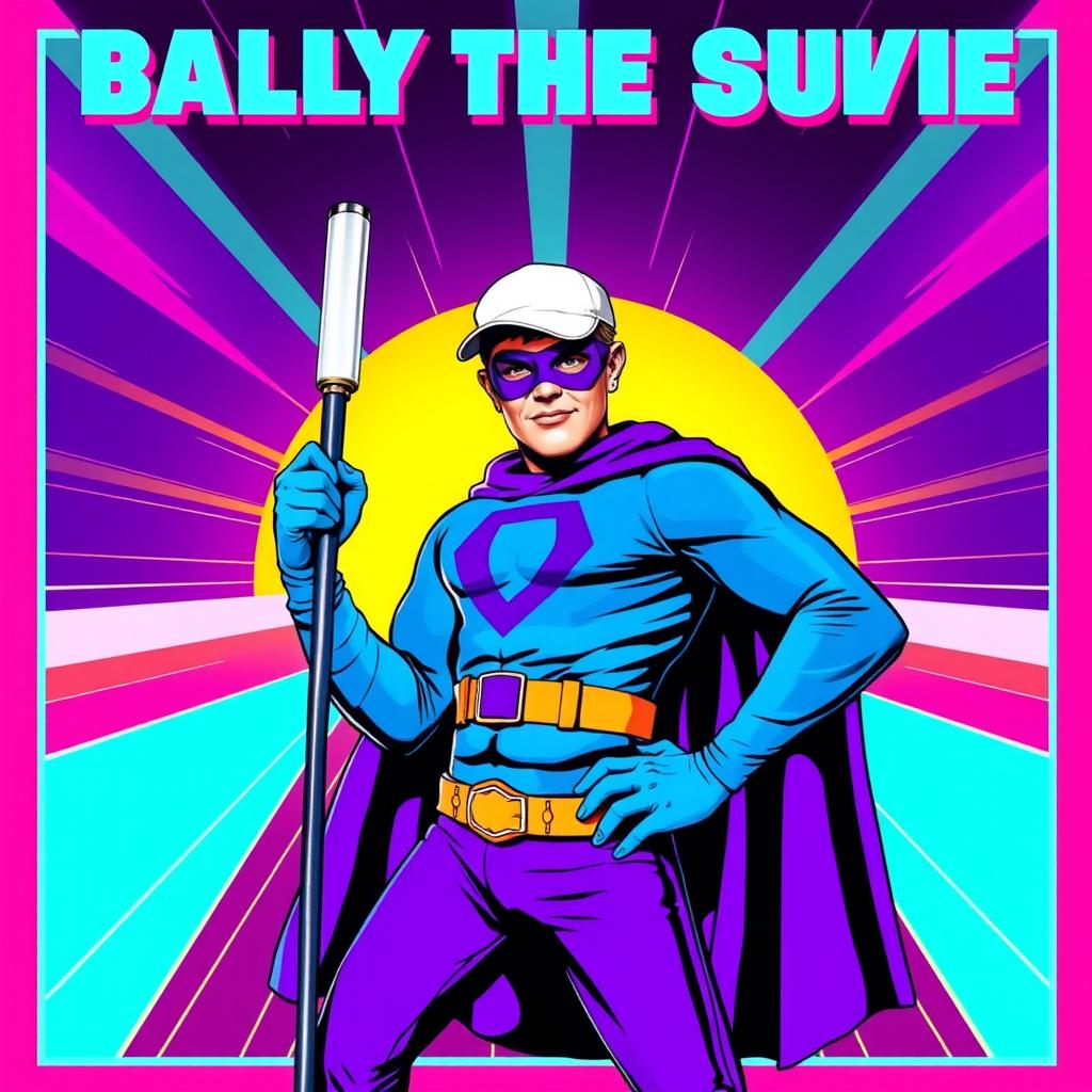 A nostalgic 90s-themed movie poster featuring a superhero man in a blue super suit with a distinctive purple mask