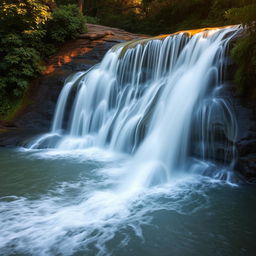 a majestic waterfall with flowing water resembling the graceful curves of a woman's figure, softly cascading down like an elegant fabric