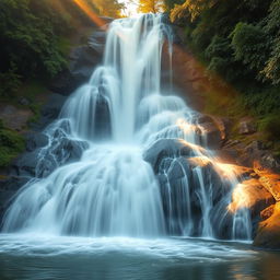 a majestic waterfall with flowing water resembling the graceful curves of a woman's figure, softly cascading down like an elegant fabric