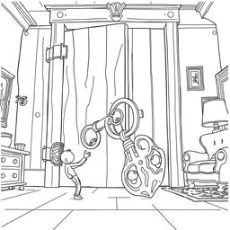 A surreal coloring page featuring a tiny person attempting to open an enormous lock with a giant key inside a towering, oversized house