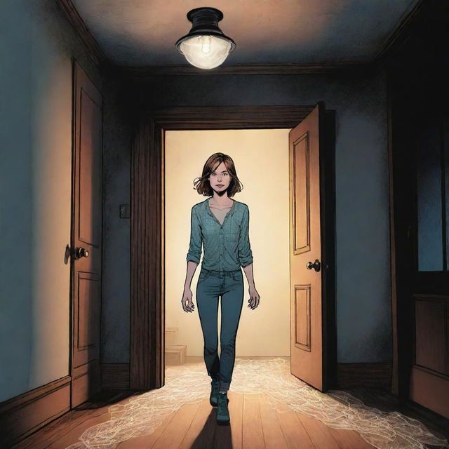 Panel 2: A full color, graphic novel style image of the main character EMMA cautiously entering a dimly lit mansion, flashlight in hand. Cobwebs are hanging from the ceiling, and floorboards are creaking under her feet.