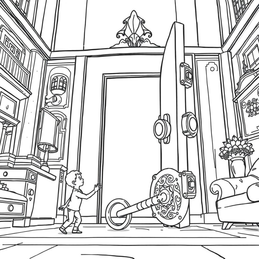 A surreal coloring page featuring a tiny person attempting to open an enormous lock with a giant key inside a towering, oversized house