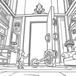 A surreal coloring page featuring a tiny person attempting to open an enormous lock with a giant key inside a towering, oversized house