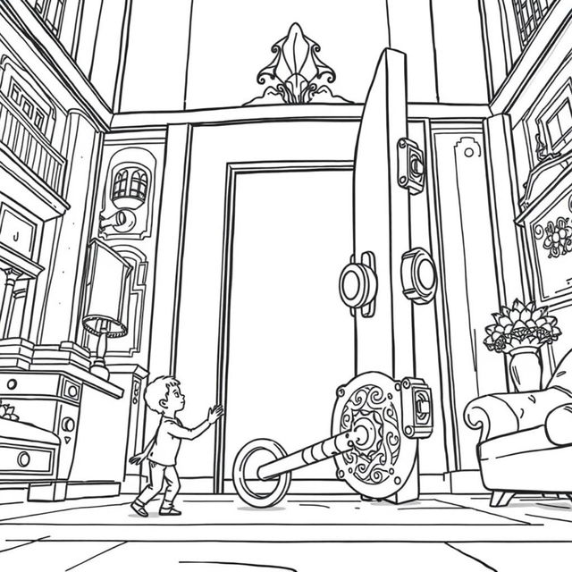 A surreal coloring page featuring a tiny person attempting to open an enormous lock with a giant key inside a towering, oversized house