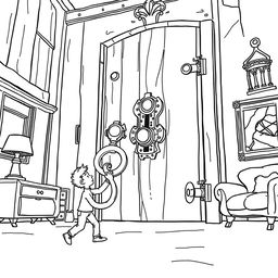 A surreal coloring page featuring a tiny person attempting to open an enormous lock with a giant key inside a towering, oversized house