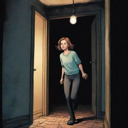 Panel 2: A full color, graphic novel style image of the main character EMMA cautiously entering a dimly lit mansion, flashlight in hand. Cobwebs are hanging from the ceiling, and floorboards are creaking under her feet.